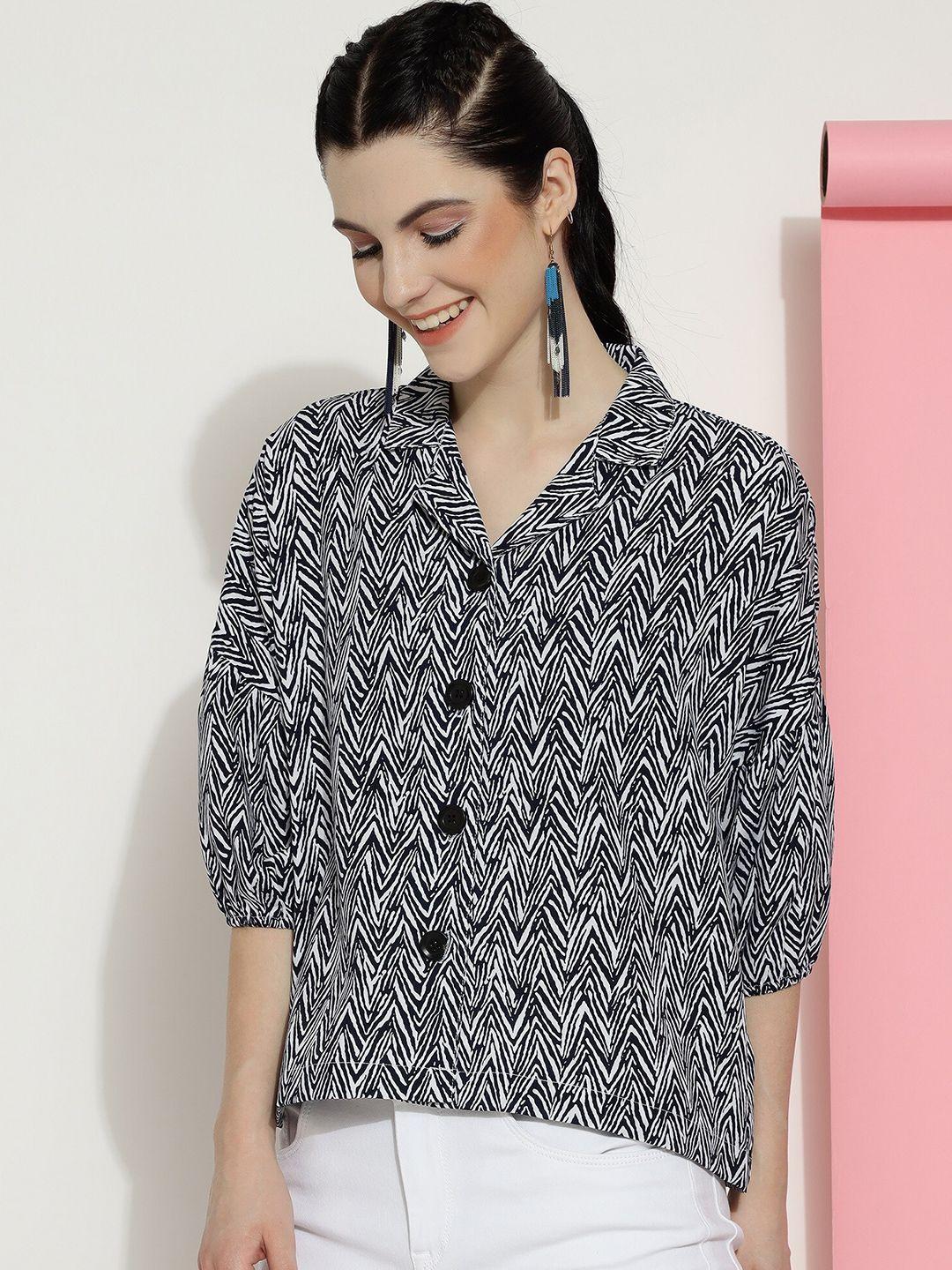 dressberry grey geometric print puff sleeve crepe shirt style top