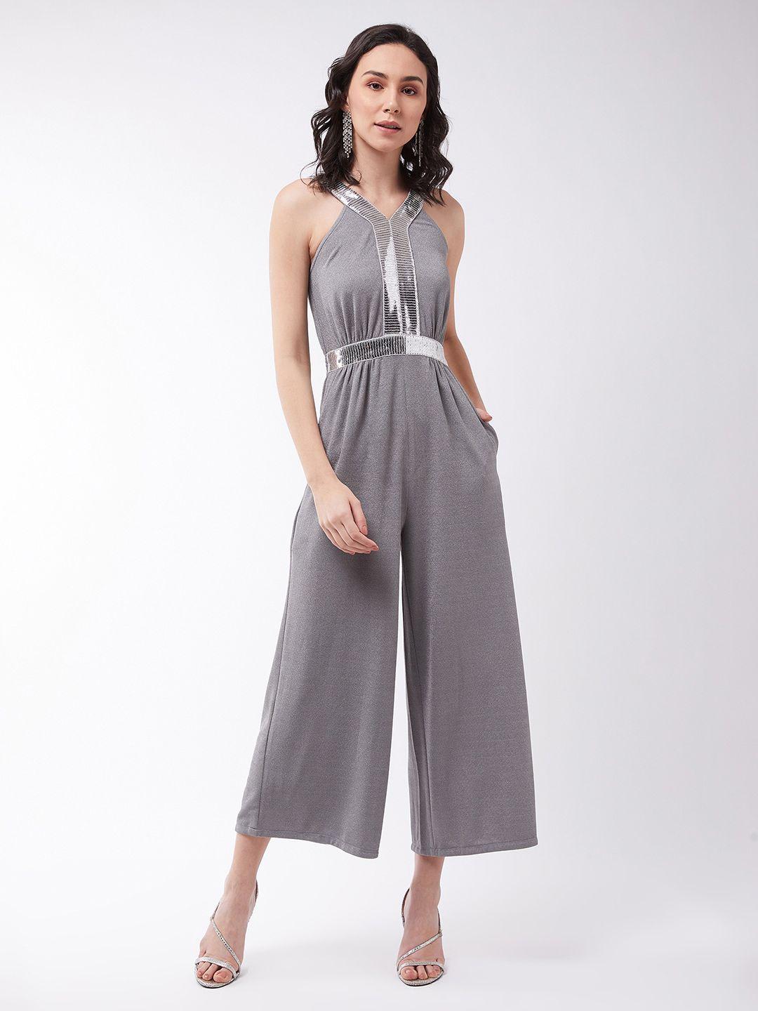 dressberry grey halter neck sequined basic jumpsuit