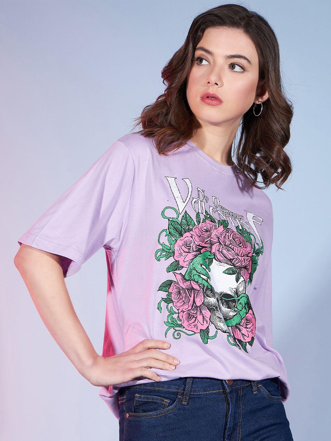 dressberry lavender floral printed cotton round neck raw edge t-shirt