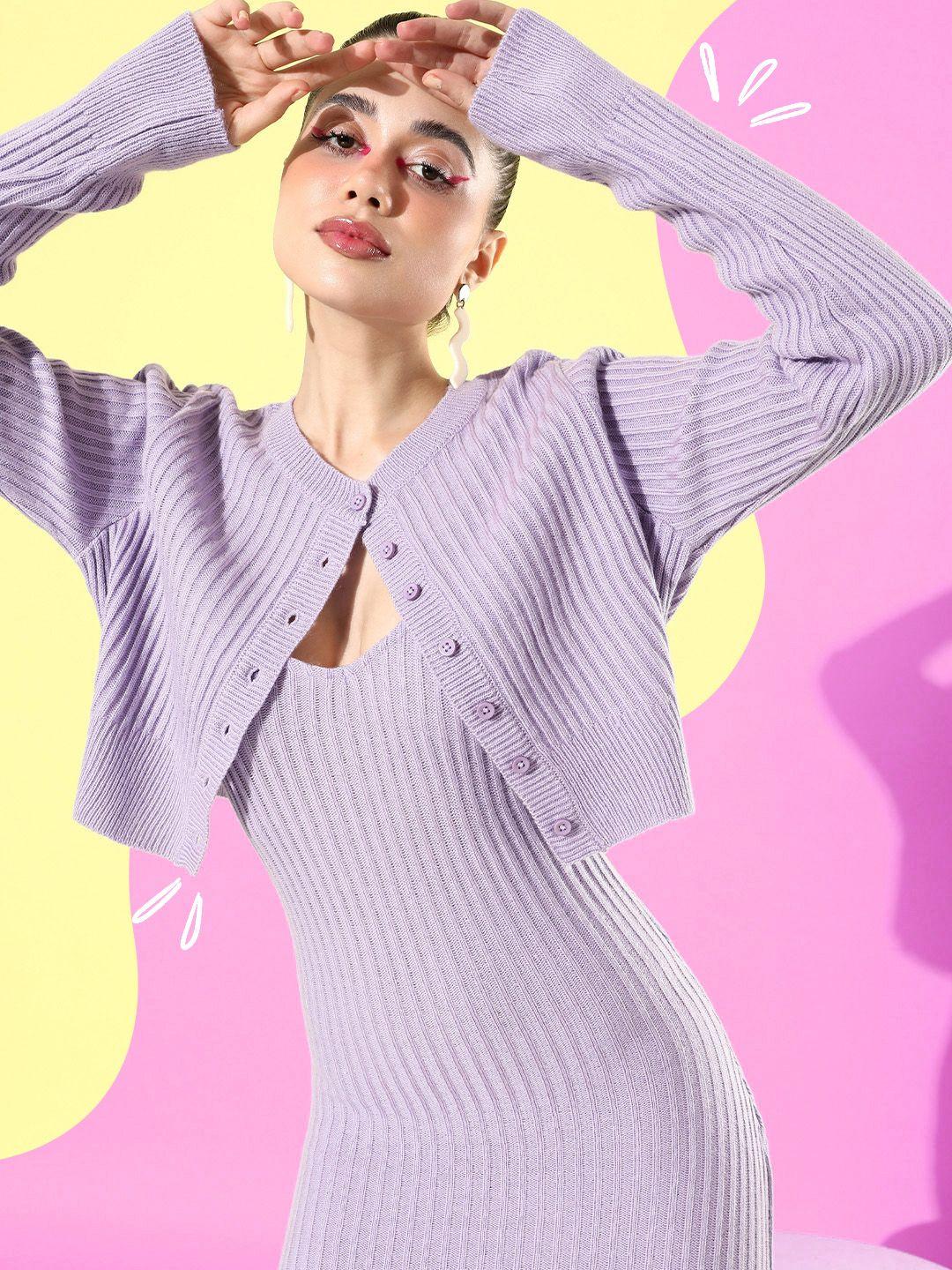 dressberry lilac self design midi sweater dress with cardigan