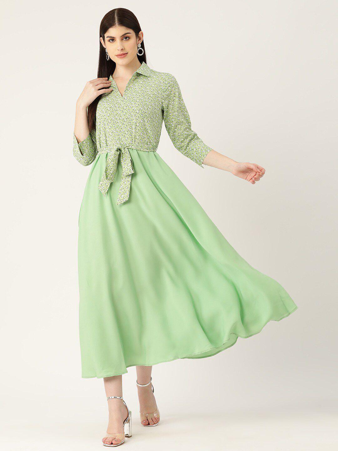 dressberry lime green floral printed belted a-line midi dress