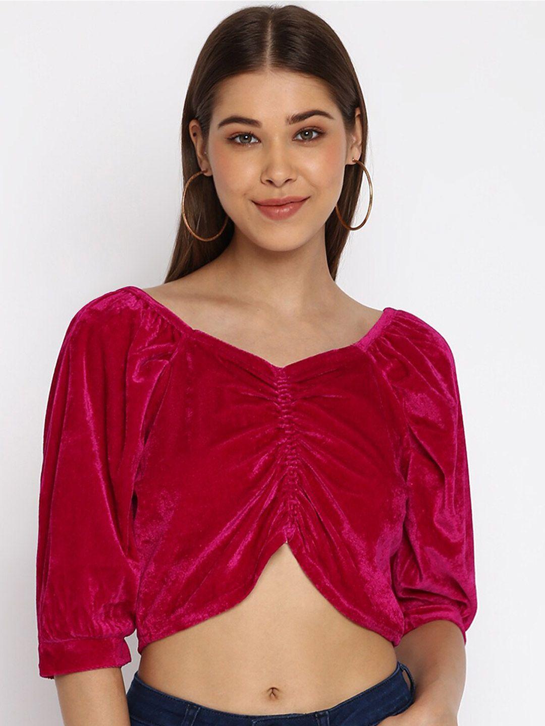 dressberry magenta v-neck ruched puff sleeves crop velvet top