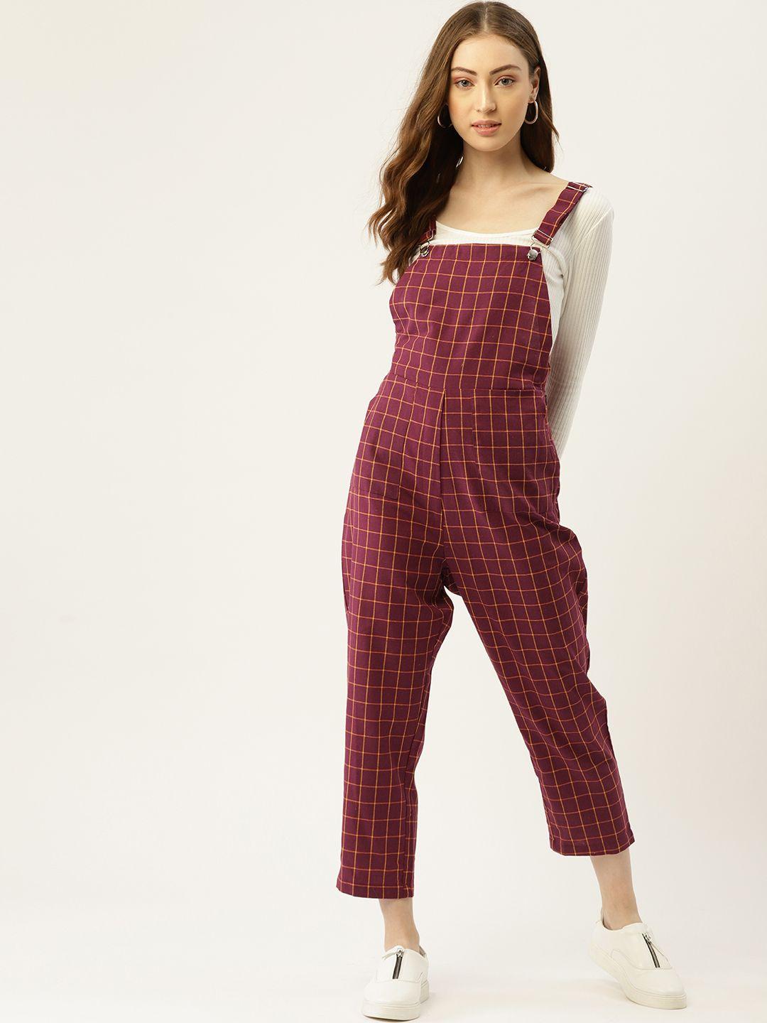 dressberry maroon & white checked basic dungaree