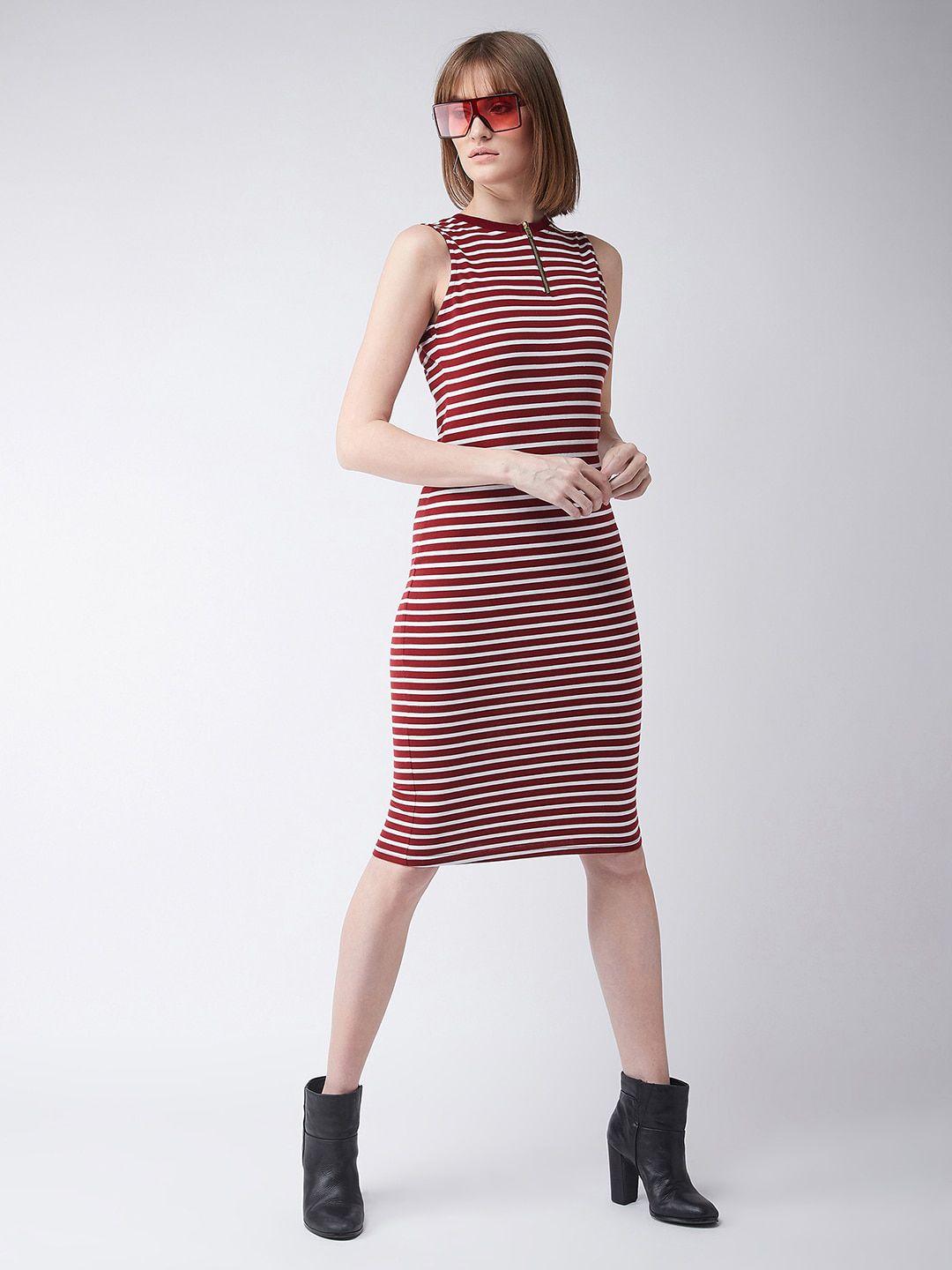 dressberry maroon & white striped cotton bodycon dress