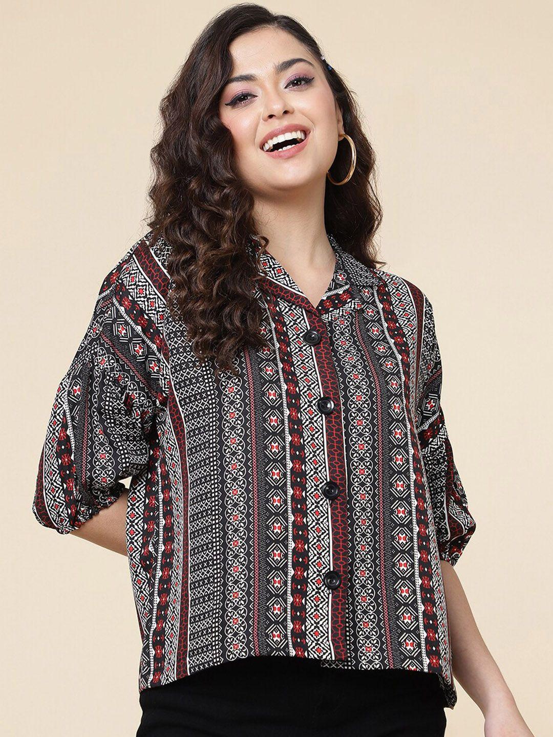 dressberry maroon ethnic motifs printed crepe shirt style top