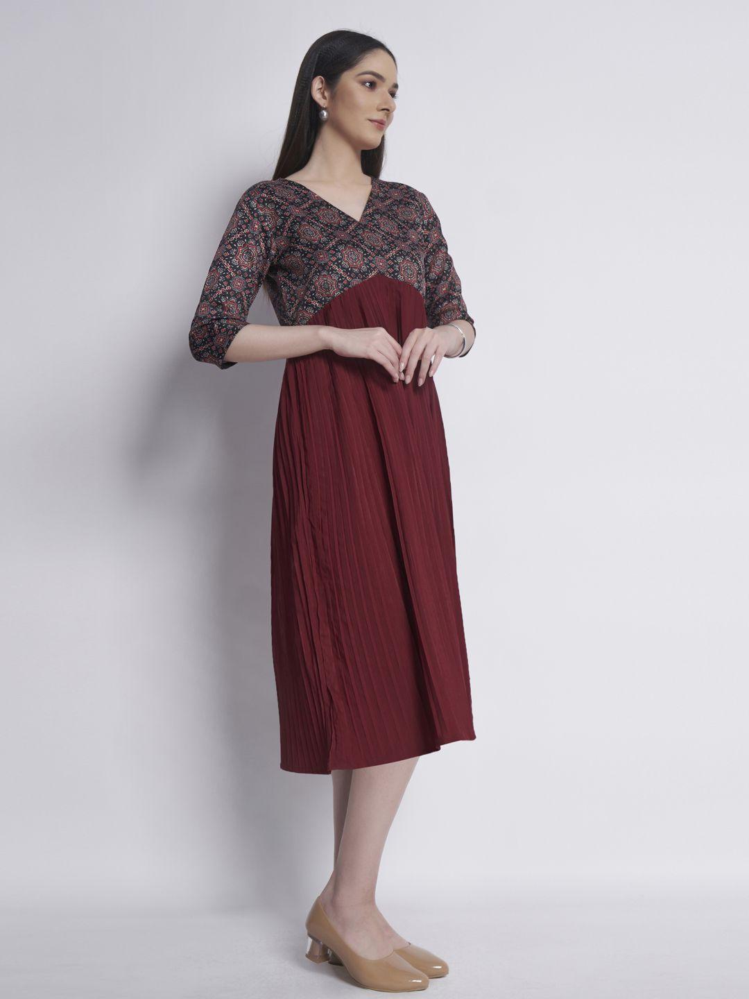 dressberry maroon ethnic motifs yoke printed crepe pleated a-line dress