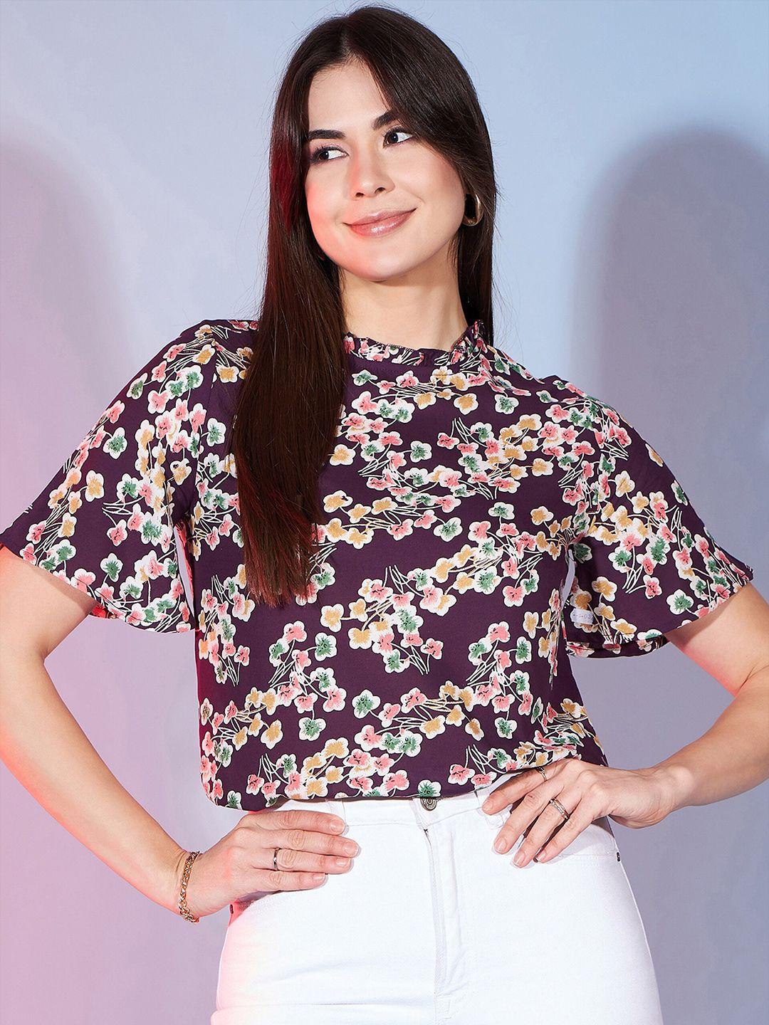 dressberry maroon floral printed round neck flared sleeve top