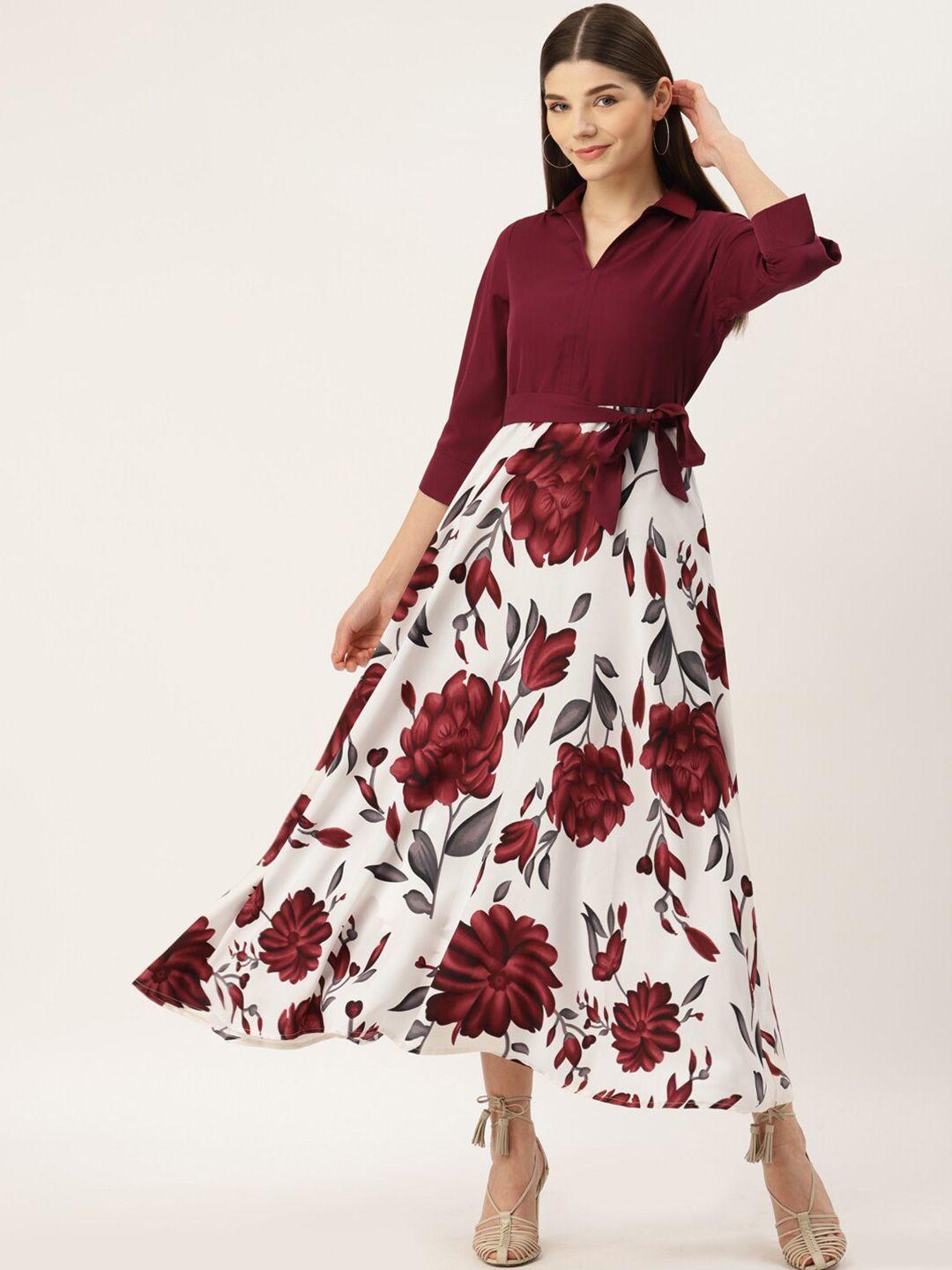 dressberry maroon floral printed shirt collar belted a-line midi dress