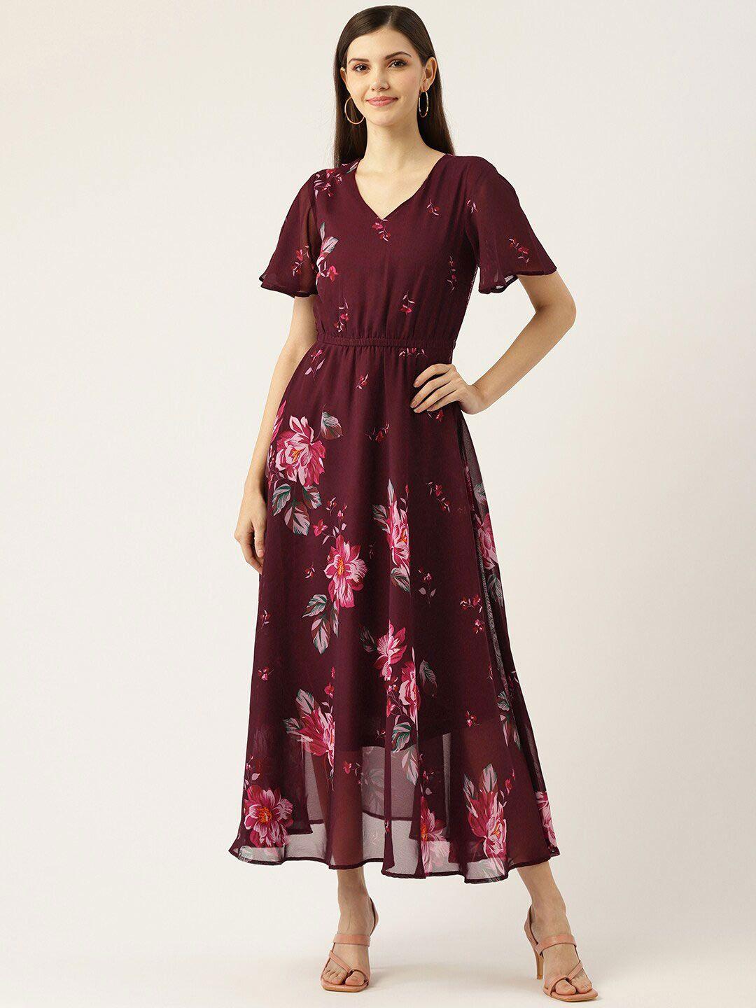 dressberry maroon floral printed v-neck flared sleeve georgette  fit & flare midi dress