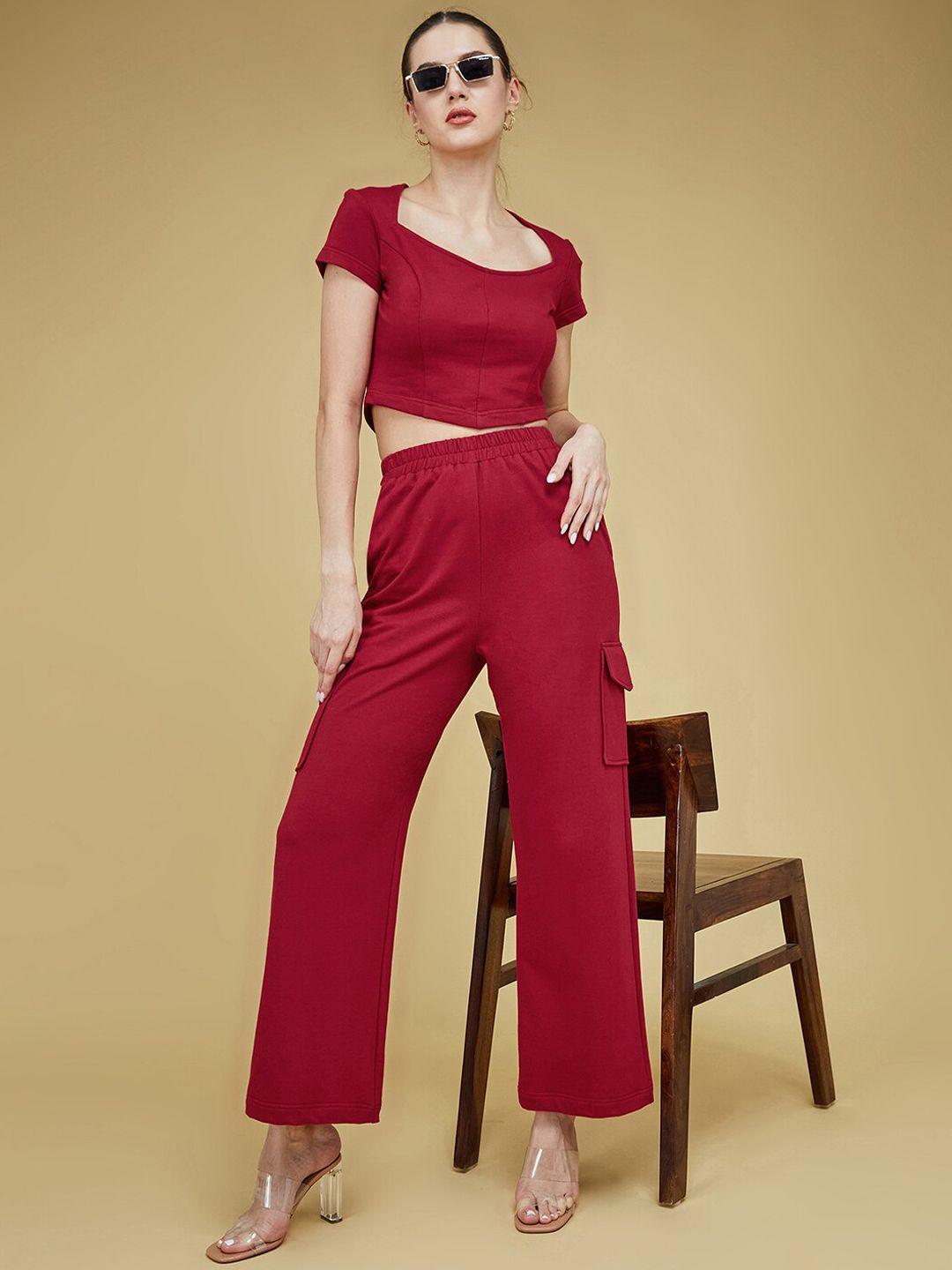 dressberry maroon round neck crop top with trousers co-ords