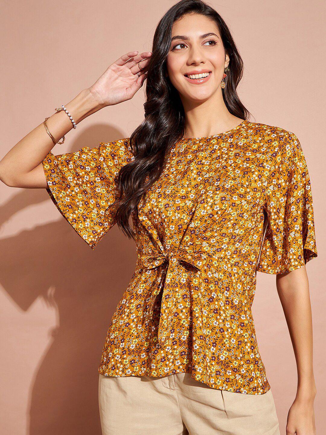 dressberry mustard floral printed flared sleeves waist tie-ups cinched waist top