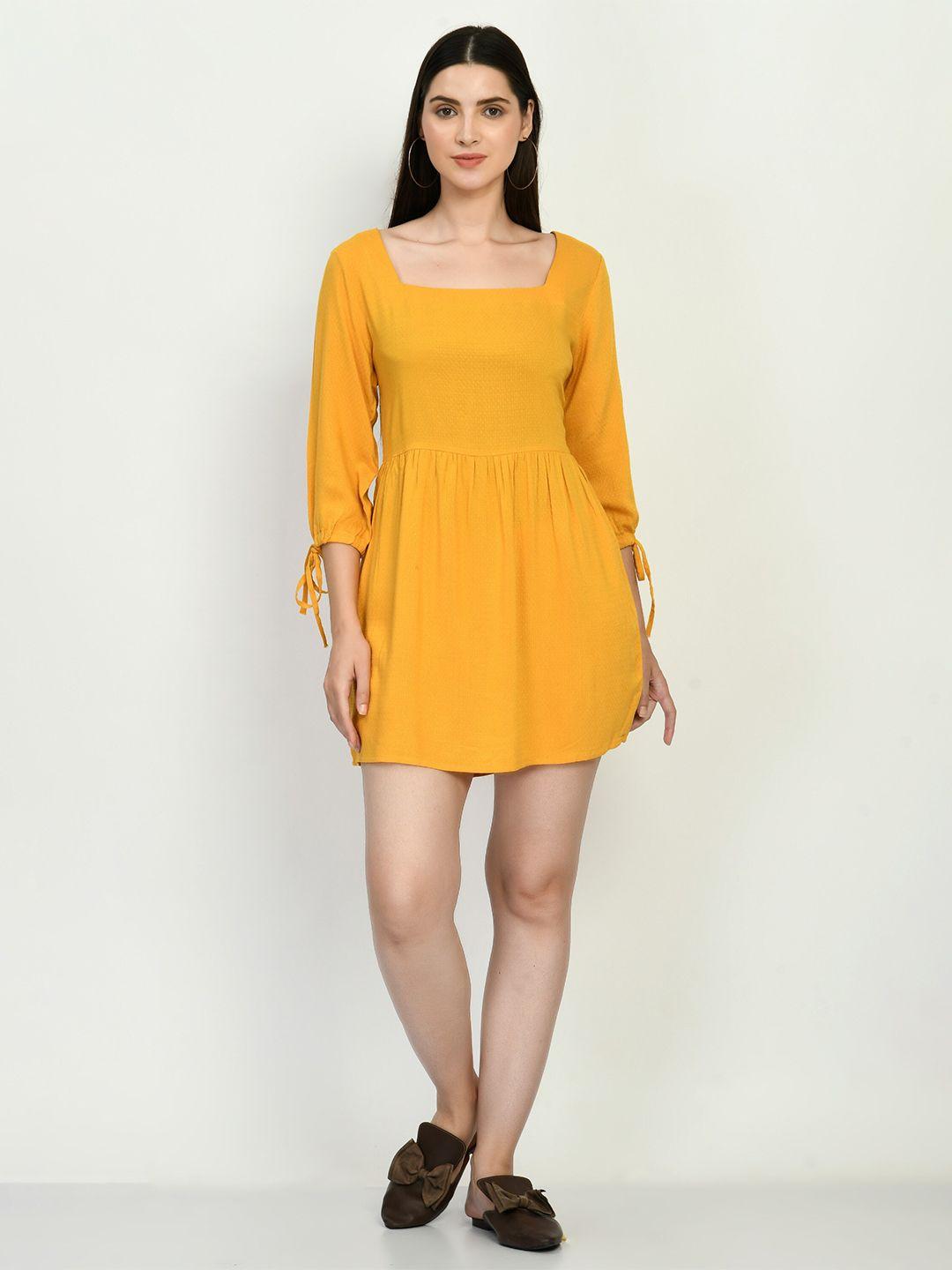 dressberry mustard square neck gathered a-line dress