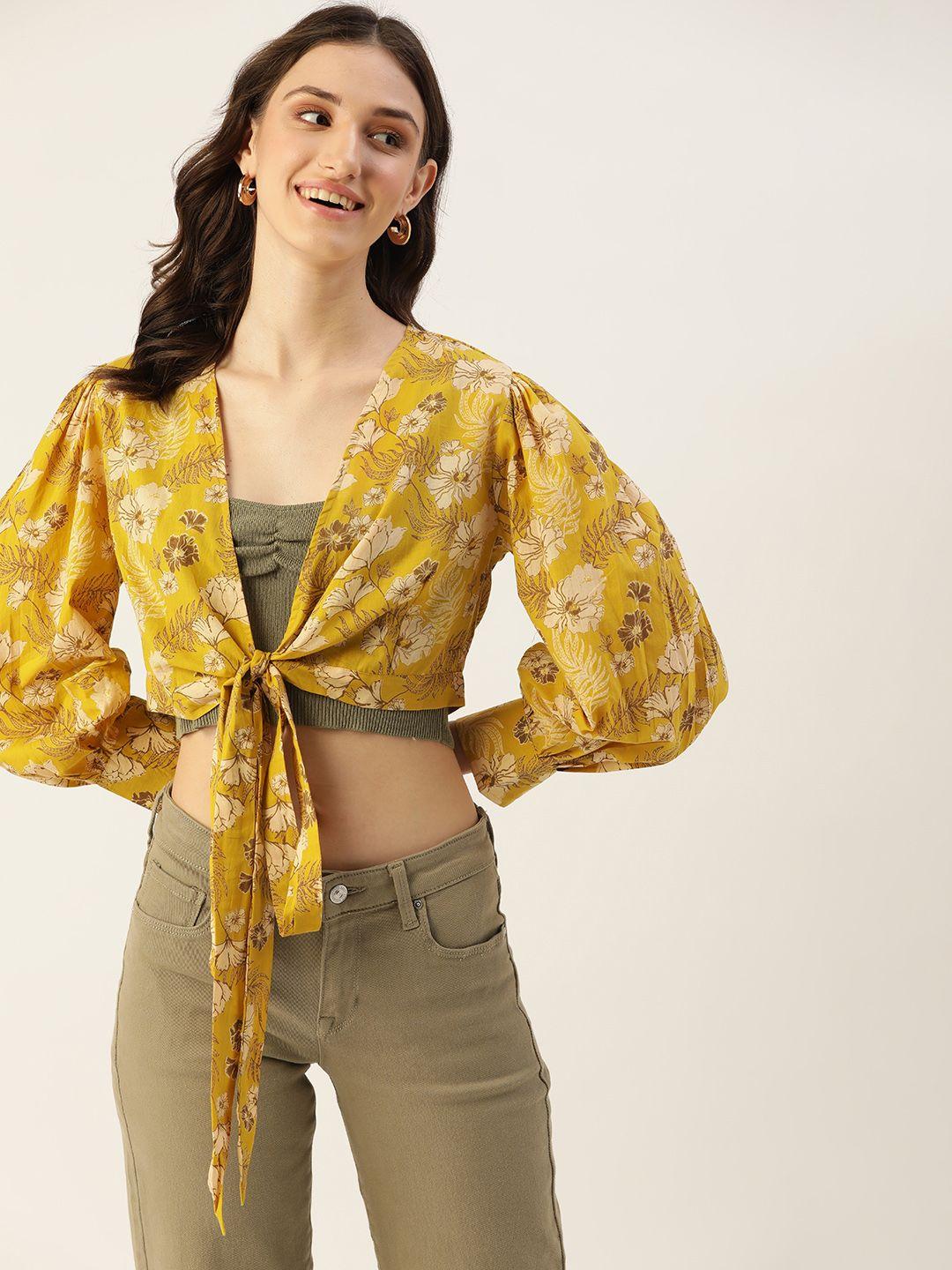 dressberry mustard yellow & beige floral print tie-up neck crop top