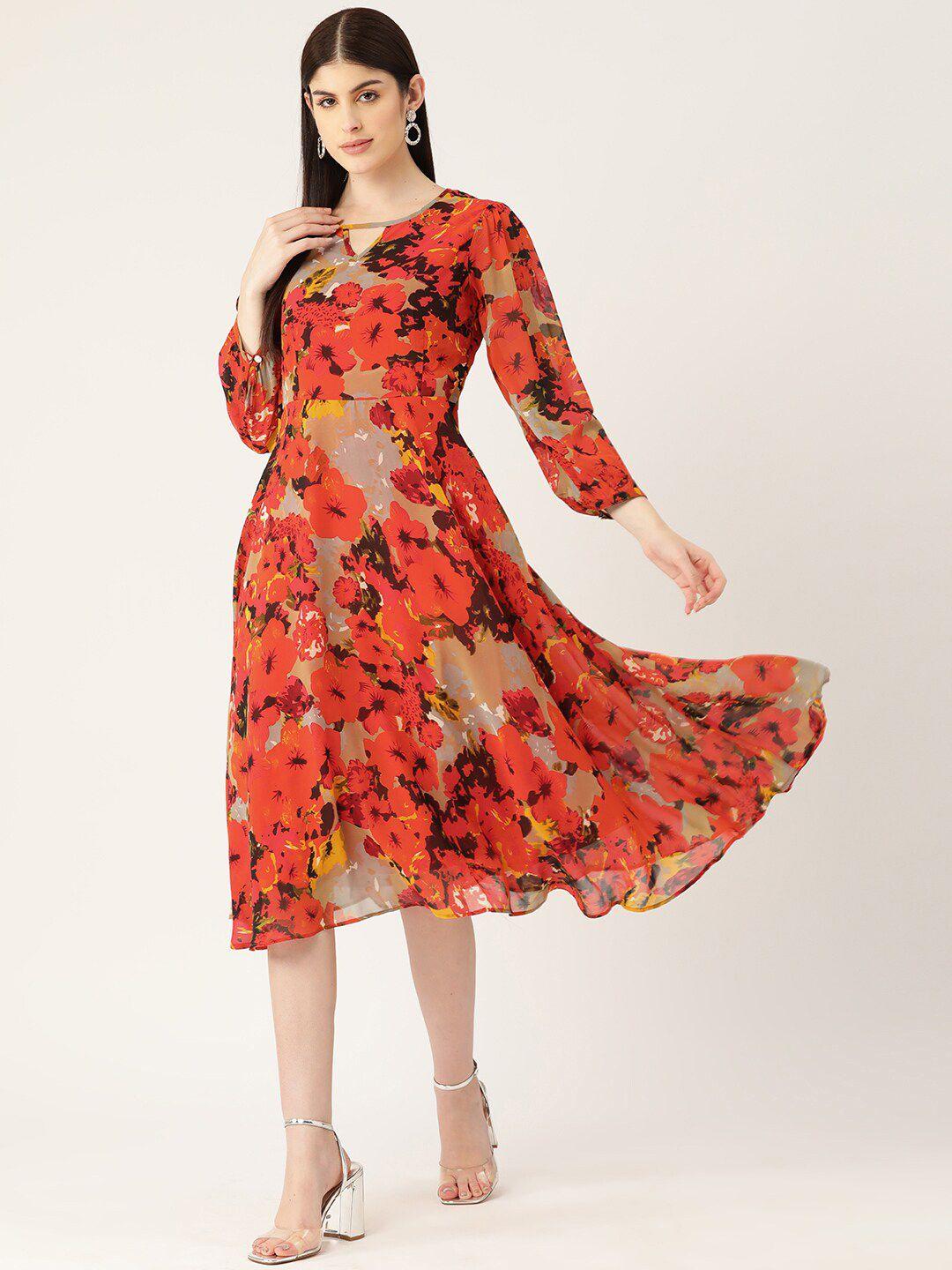 dressberry mustard yellow & red floral printed georgette fit & flare midi dress