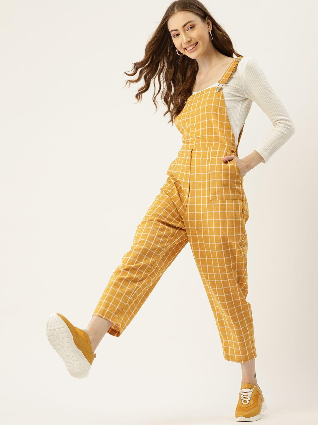 dressberry mustard yellow & white checked basic dungaree