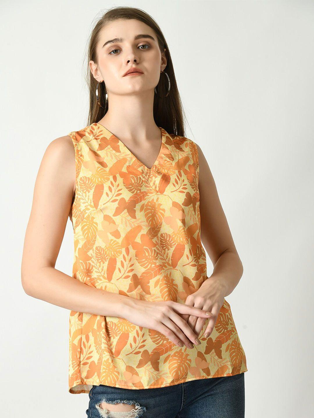 dressberry mustard yellow floral printed v-neck satin top