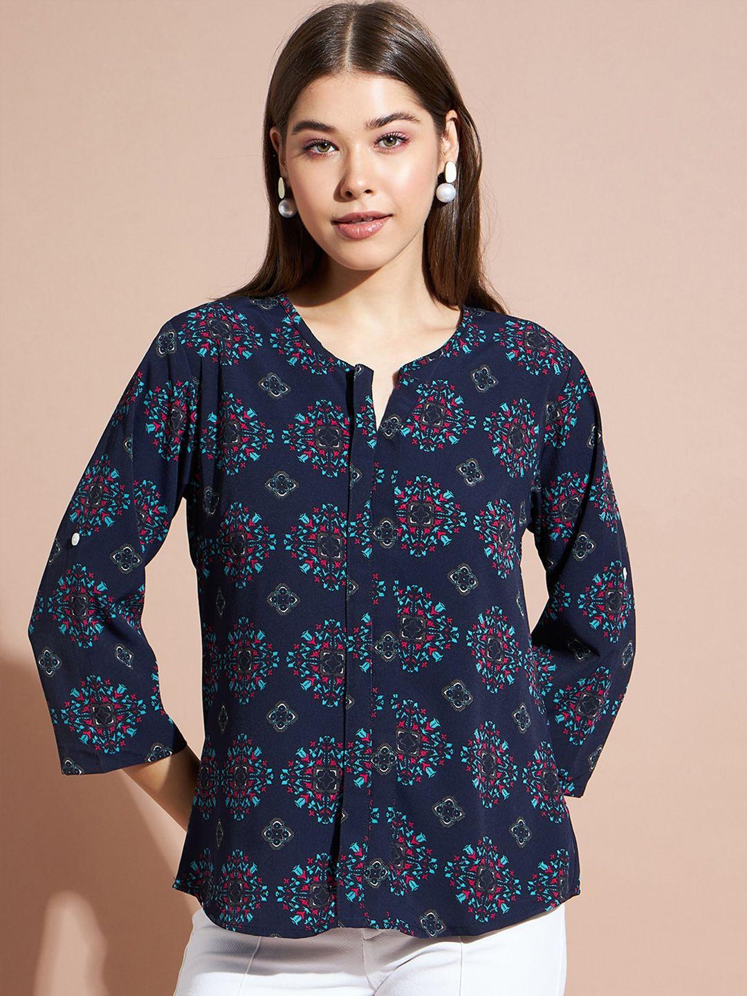 dressberry navy blue & red ethnic motif printed notched round neck regular top