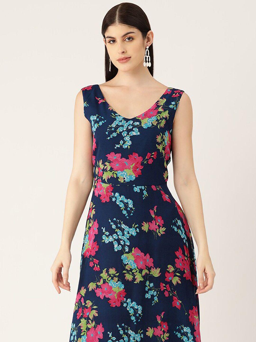 dressberry navy blue & red floral printed v-neck sleeveless maxi dress
