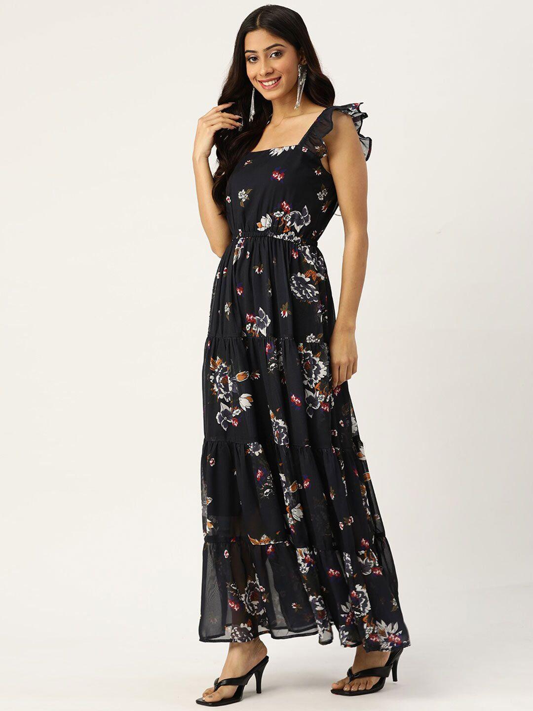 dressberry navy blue & white floral printed square neck georgette maxi dress