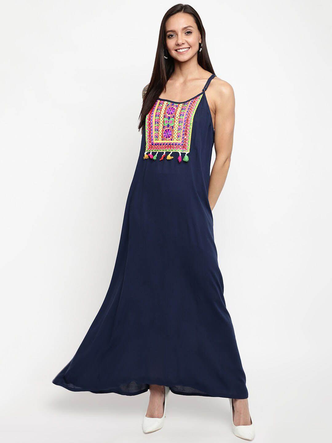 dressberry navy blue ethnic motifs embroidered shoulder strap maxi dress