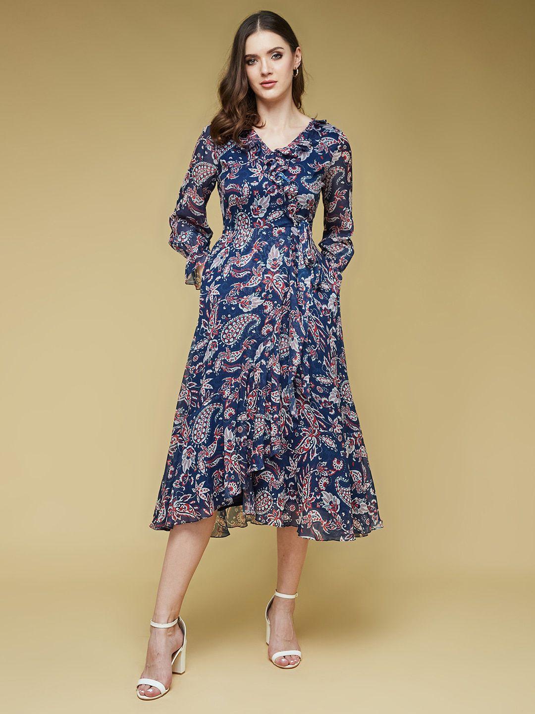 dressberry navy blue floral printed v-neck ruffles detail wrap dress