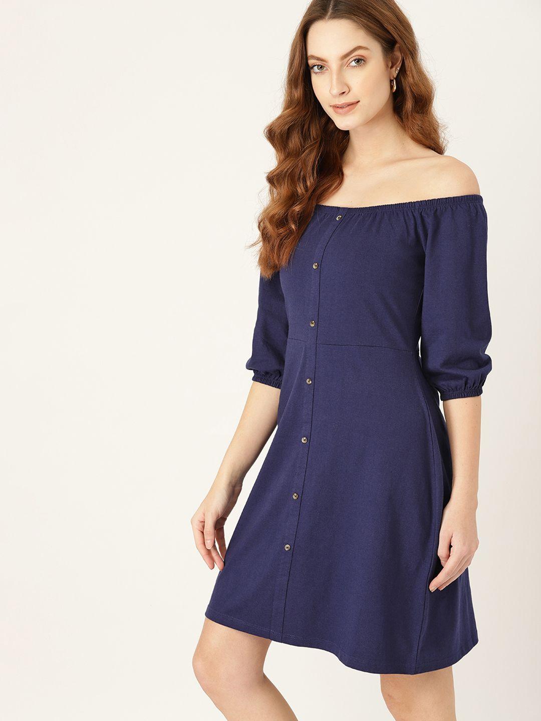 dressberry navy blue off-shoulder sustainable & recycled  a-line dress