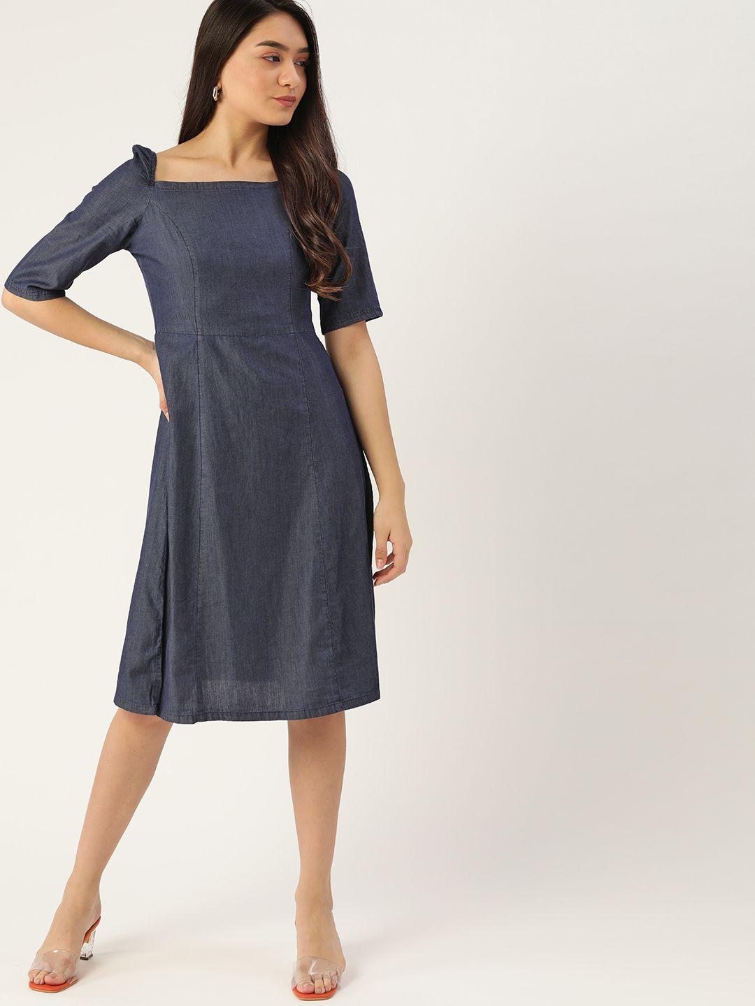 dressberry navy blue pure cotton chambray a-line dress