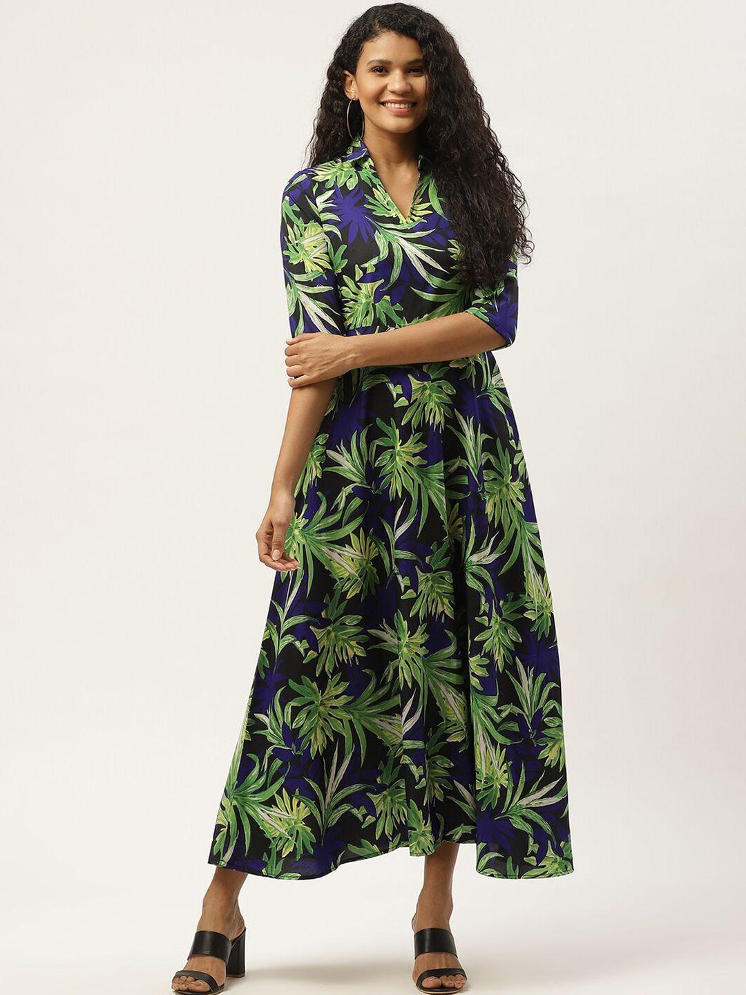 dressberry navy blue tropical printed shirt collar a-line midi dress