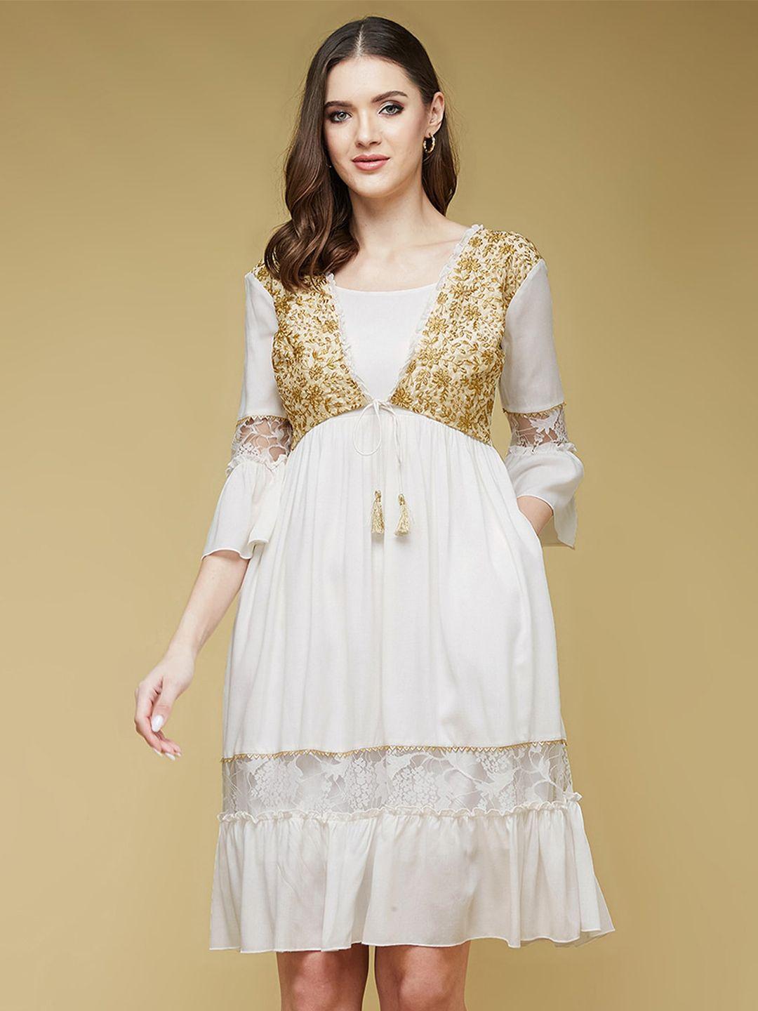 dressberry off-white floral embroidered a-line dress