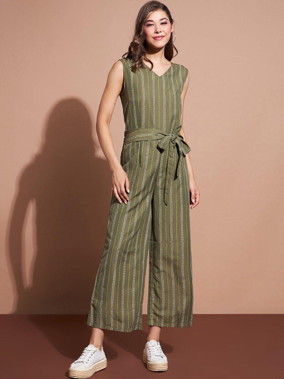 dressberry olive green & white striped v-neck sleeveless waist tie-ups basic jumpsuit