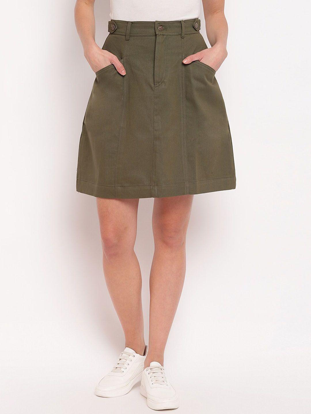 dressberry olive green high-rise denim a-line mini skirt