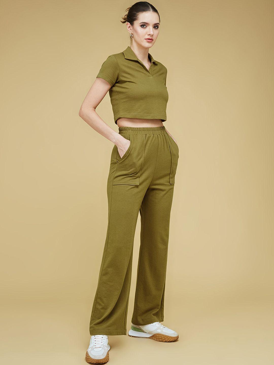 dressberry olive green short sleeves crop t-shirt with trouser co-ords