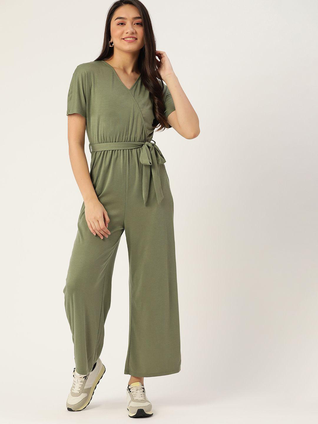 dressberry olive green solid belted jumpsuit