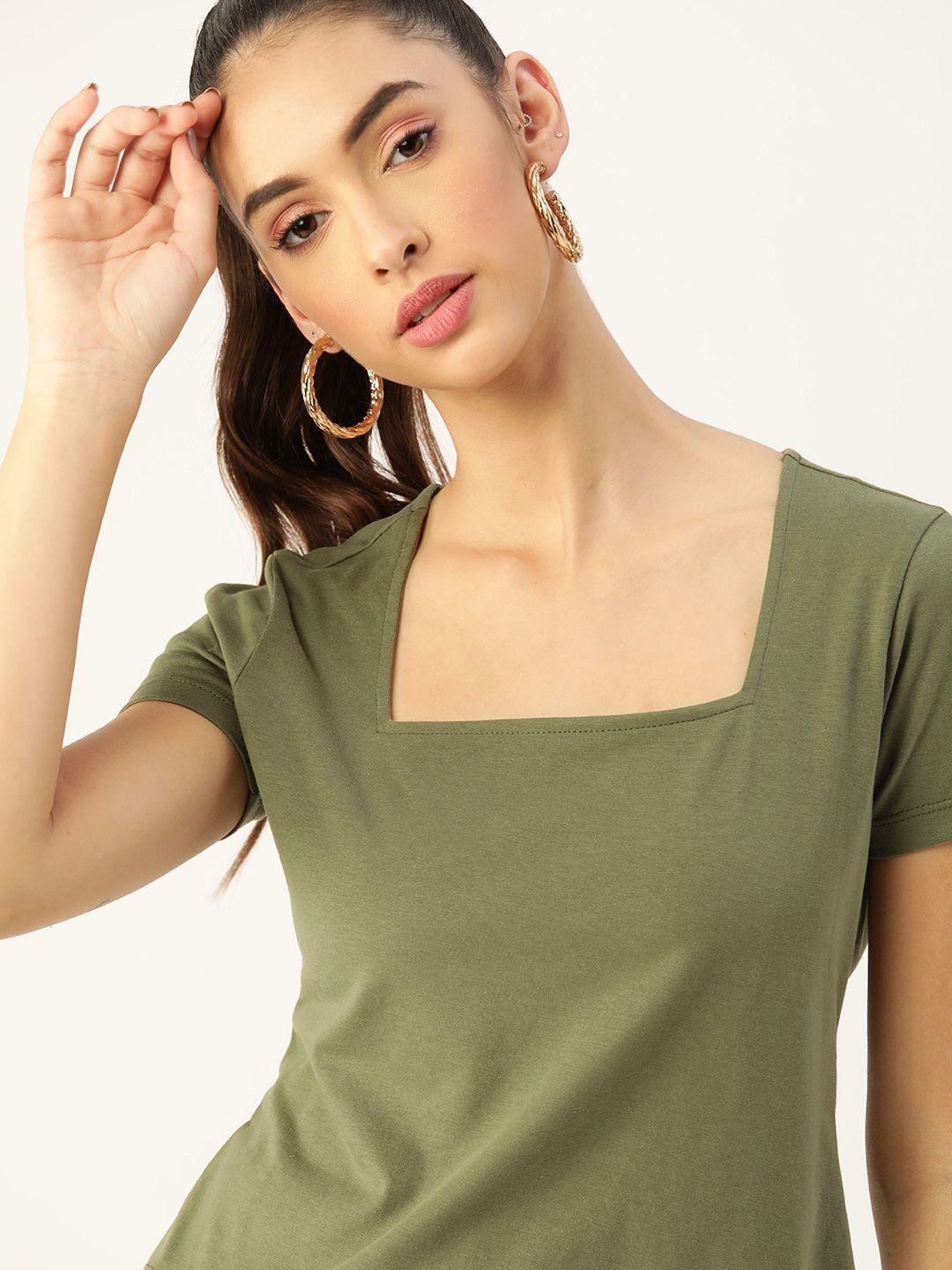 dressberry olive green solid square neck top