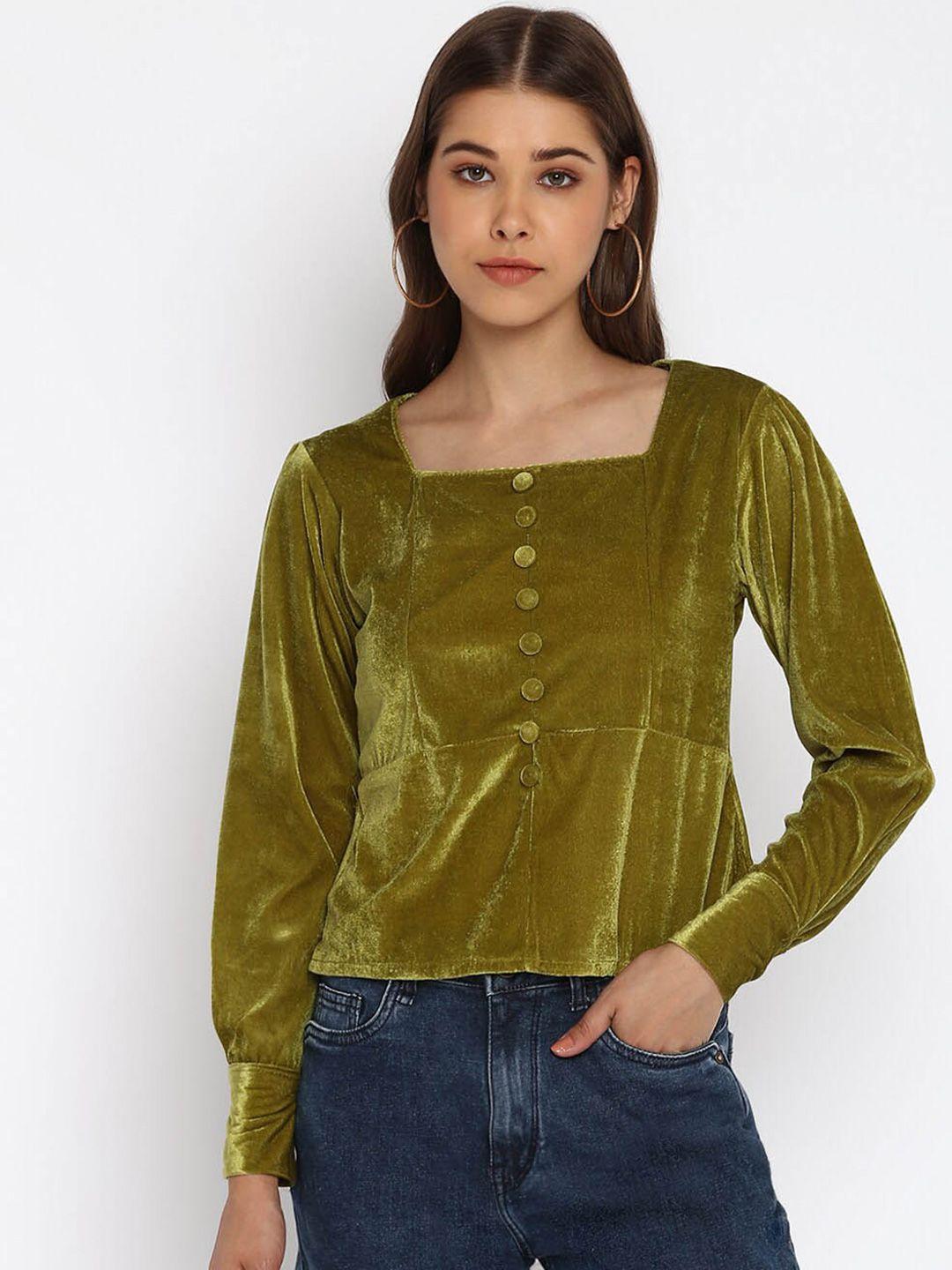 dressberry olive green square neck crop velvet top