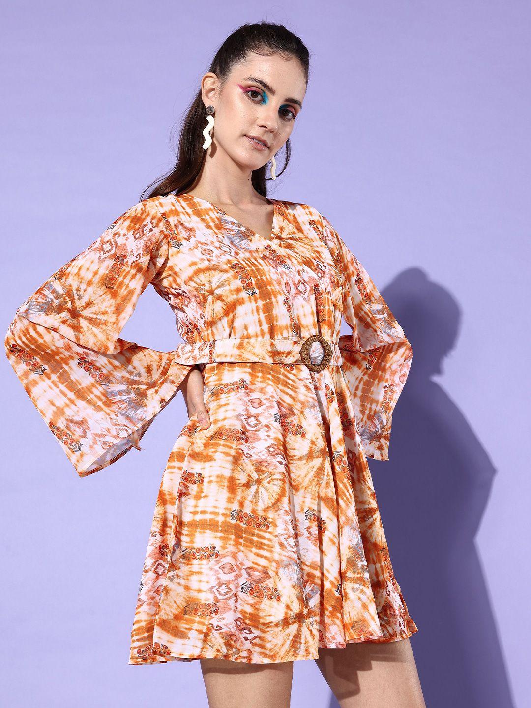 dressberry orange abstract printed fit & flared mini dress with belt