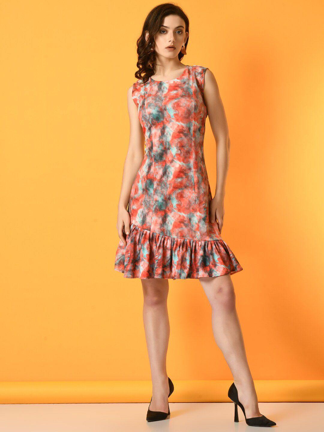 dressberry orange abstract printed round neck a-line dress