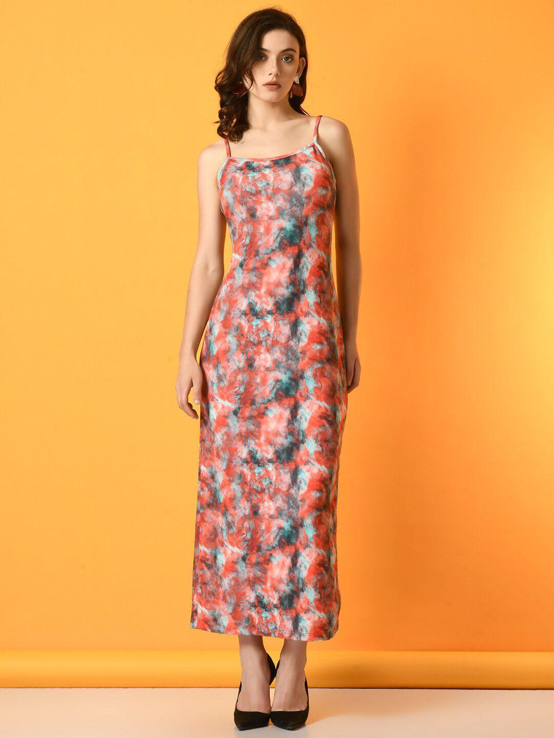 dressberry orange abstract printed shoulder straps a-line midi dress