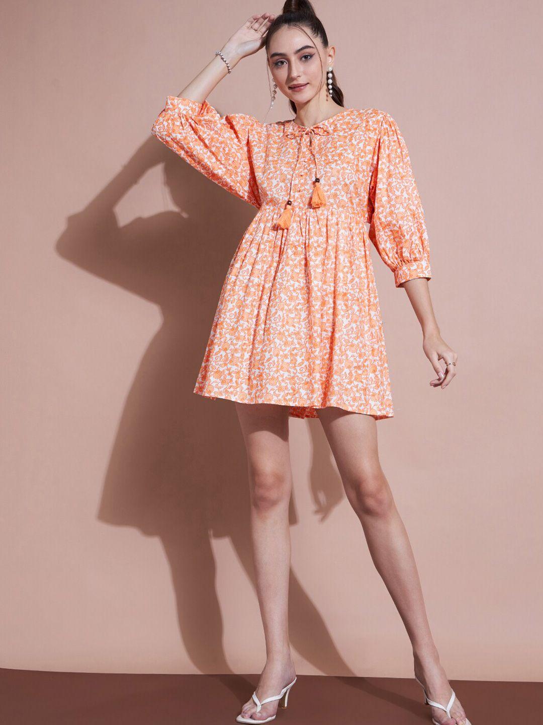 dressberry orange floral print cotton fit & flare dress