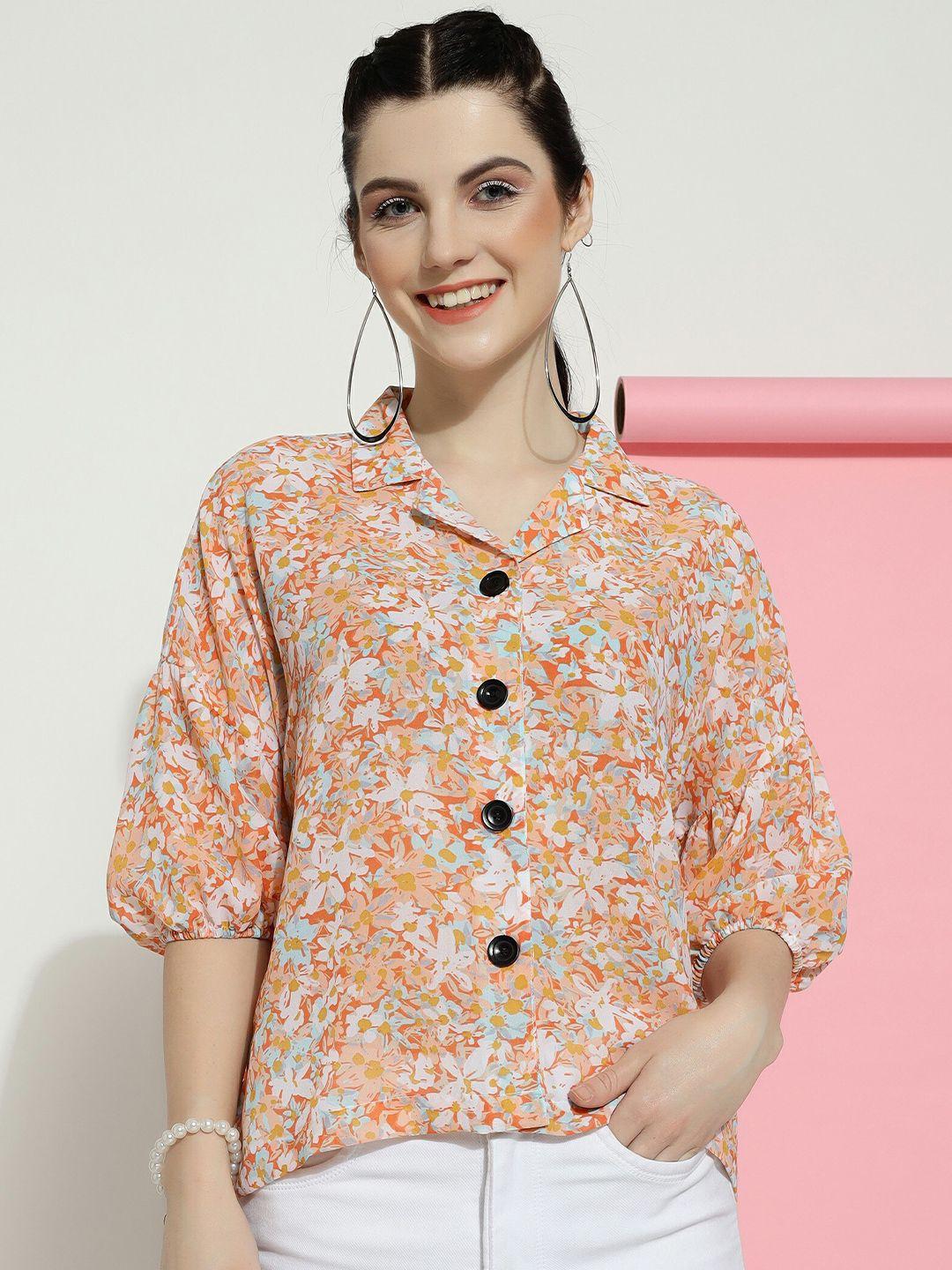 dressberry orange floral print georgette shirt style top