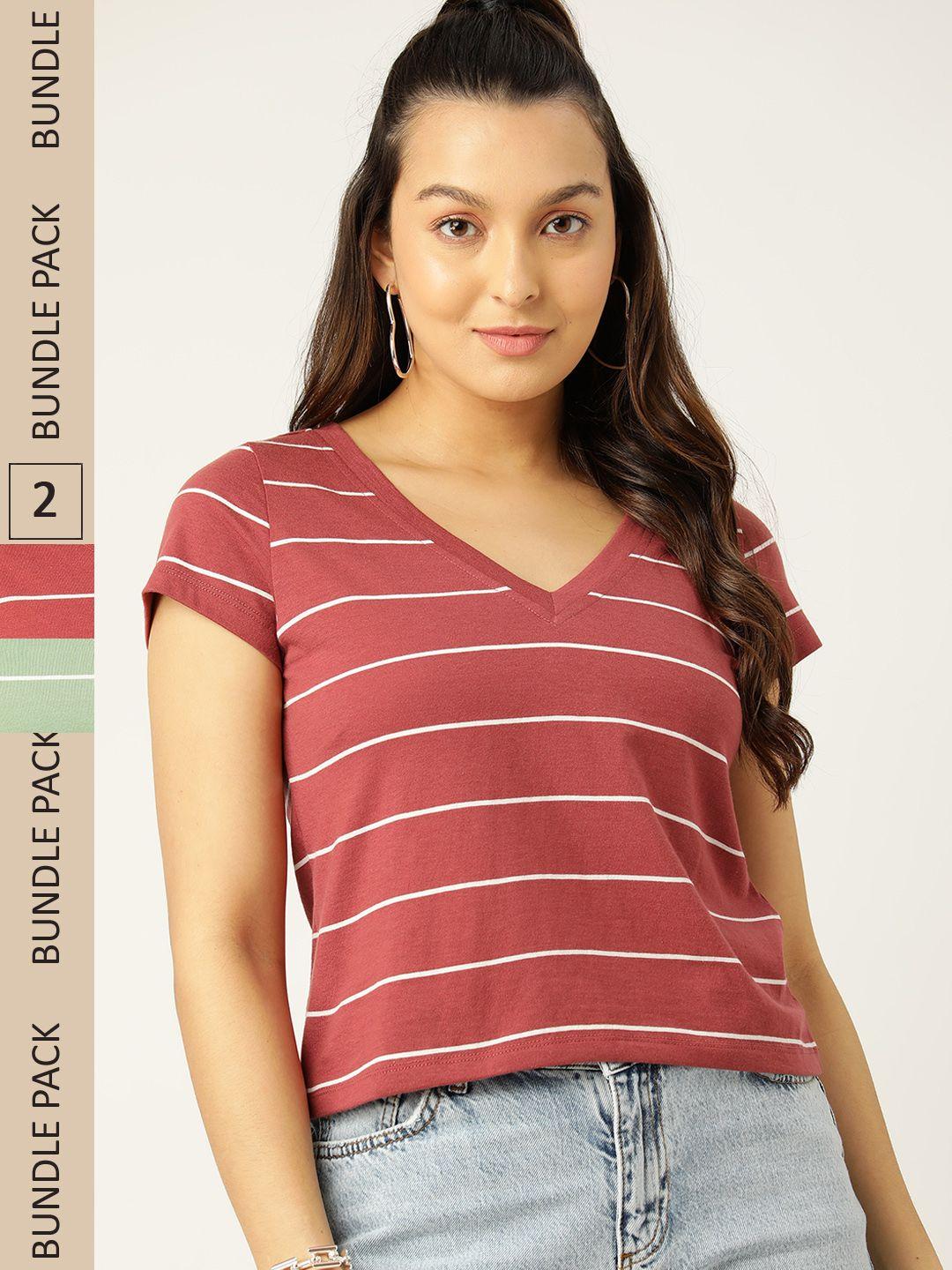 dressberry pack of 2 striped v-neck pure cotton t-shirt