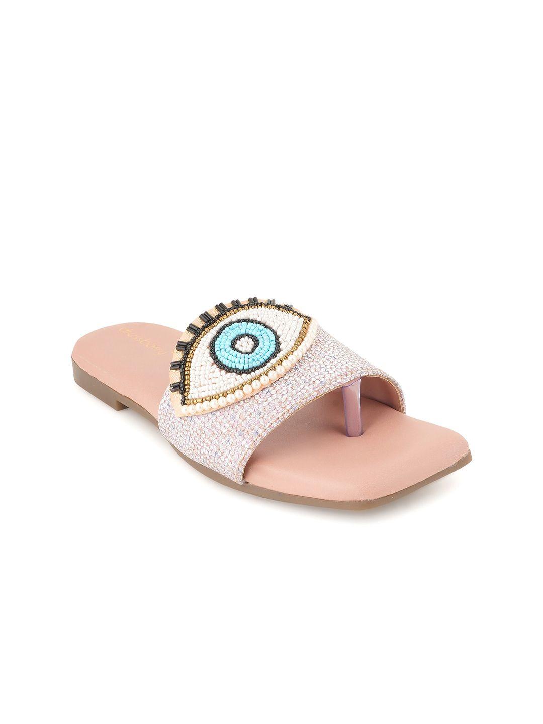 dressberry peach-coloured & blue evil eye embellished open toe flats