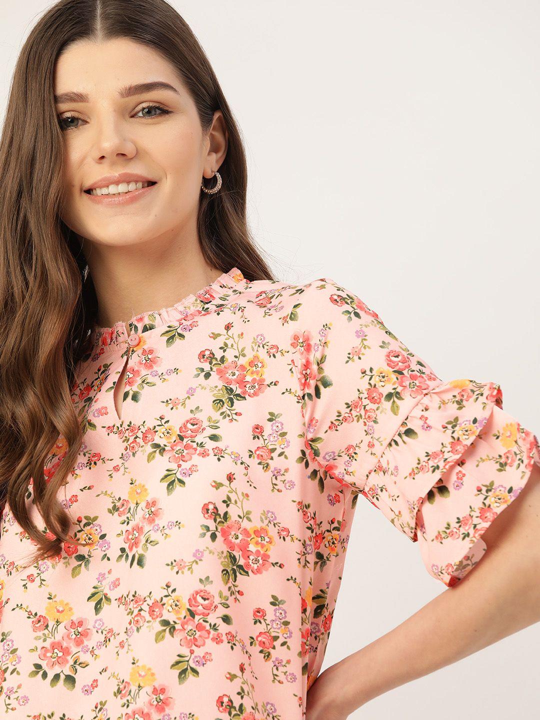 dressberry peach-coloured & green floral printed keyhole neck flared sleeves regular top