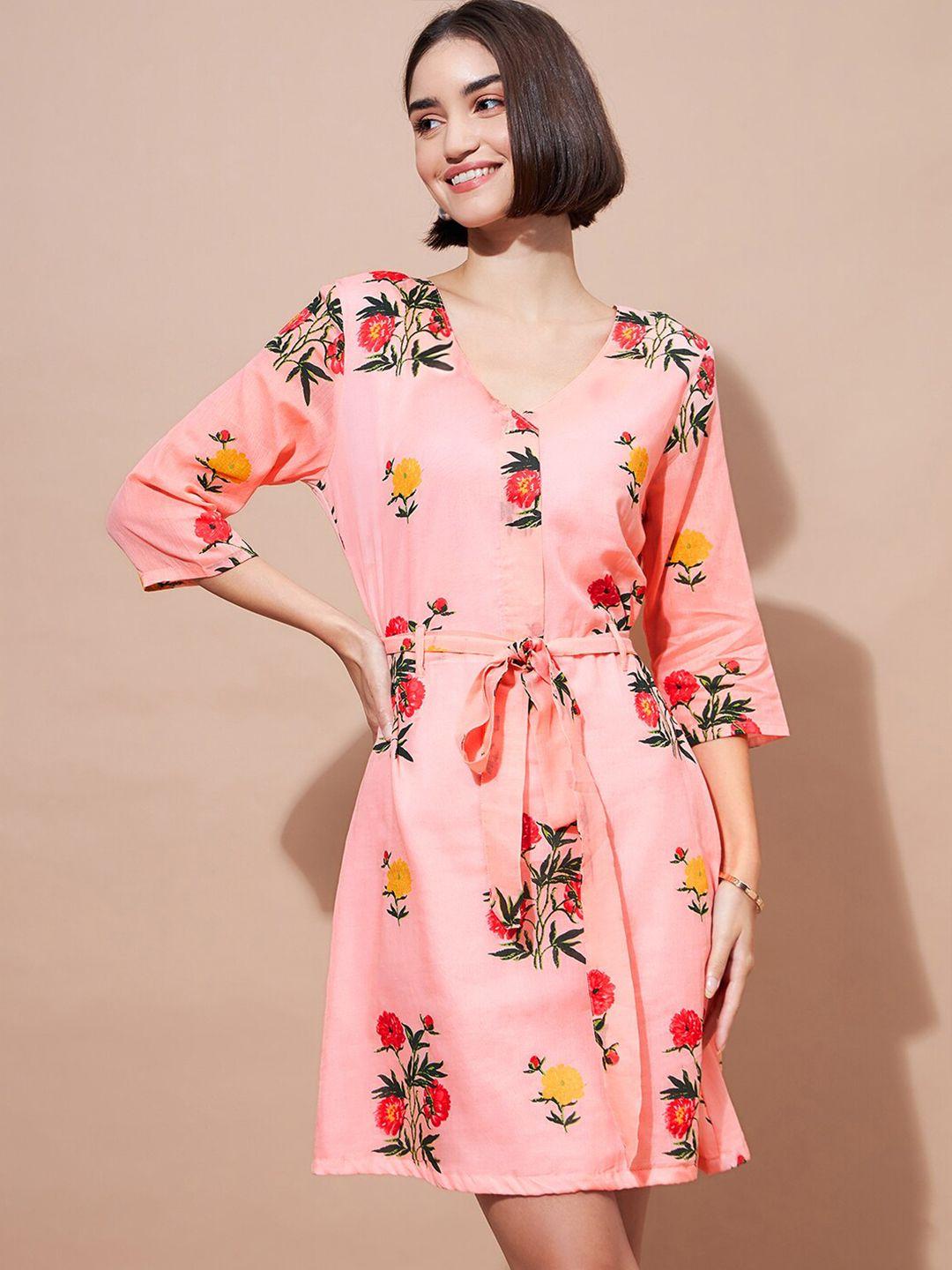 dressberry peach-coloured floral print scuba a-line dress