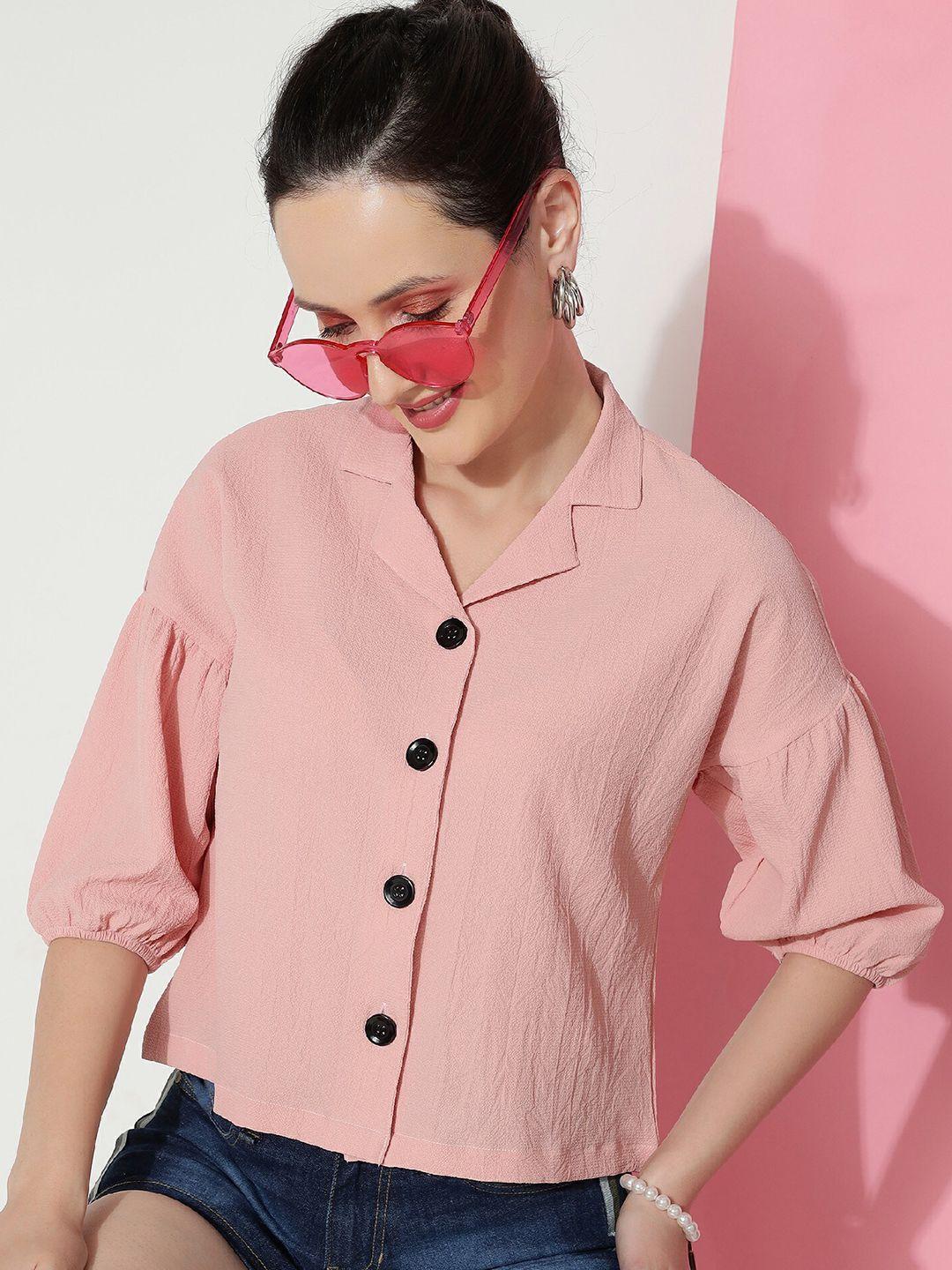 dressberry peach-coloured lapel collar puff sleeves shirt style top