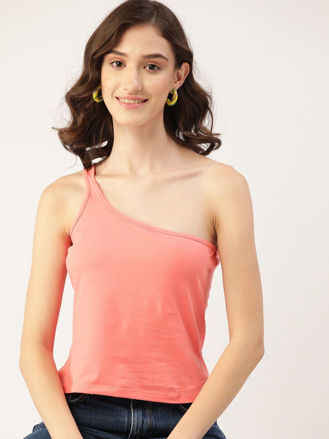 dressberry peach solid pure cotton one shoulder top