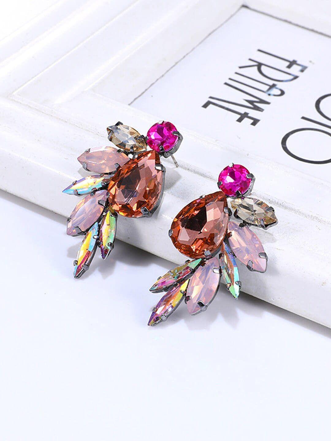 dressberry pink & brown crystal studded contemporary drop earrings
