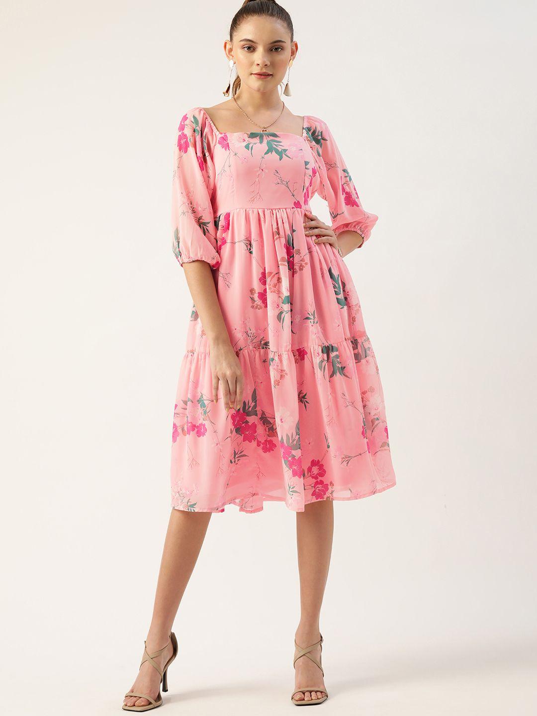 dressberry pink & green floral print a-line dress