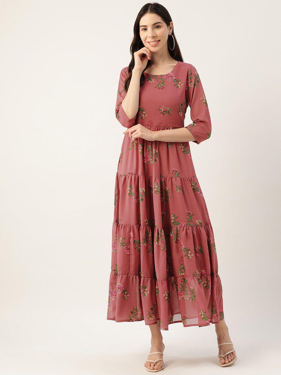 dressberry pink & green floral printed gathered georgette fit & flare midi dress