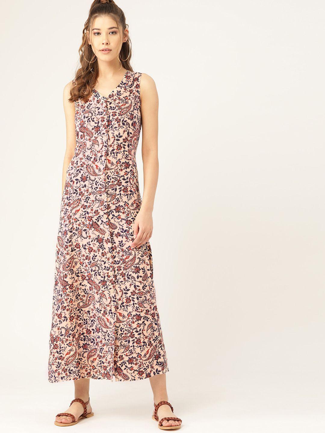 dressberry pink & navy blue floral printed maxi dress